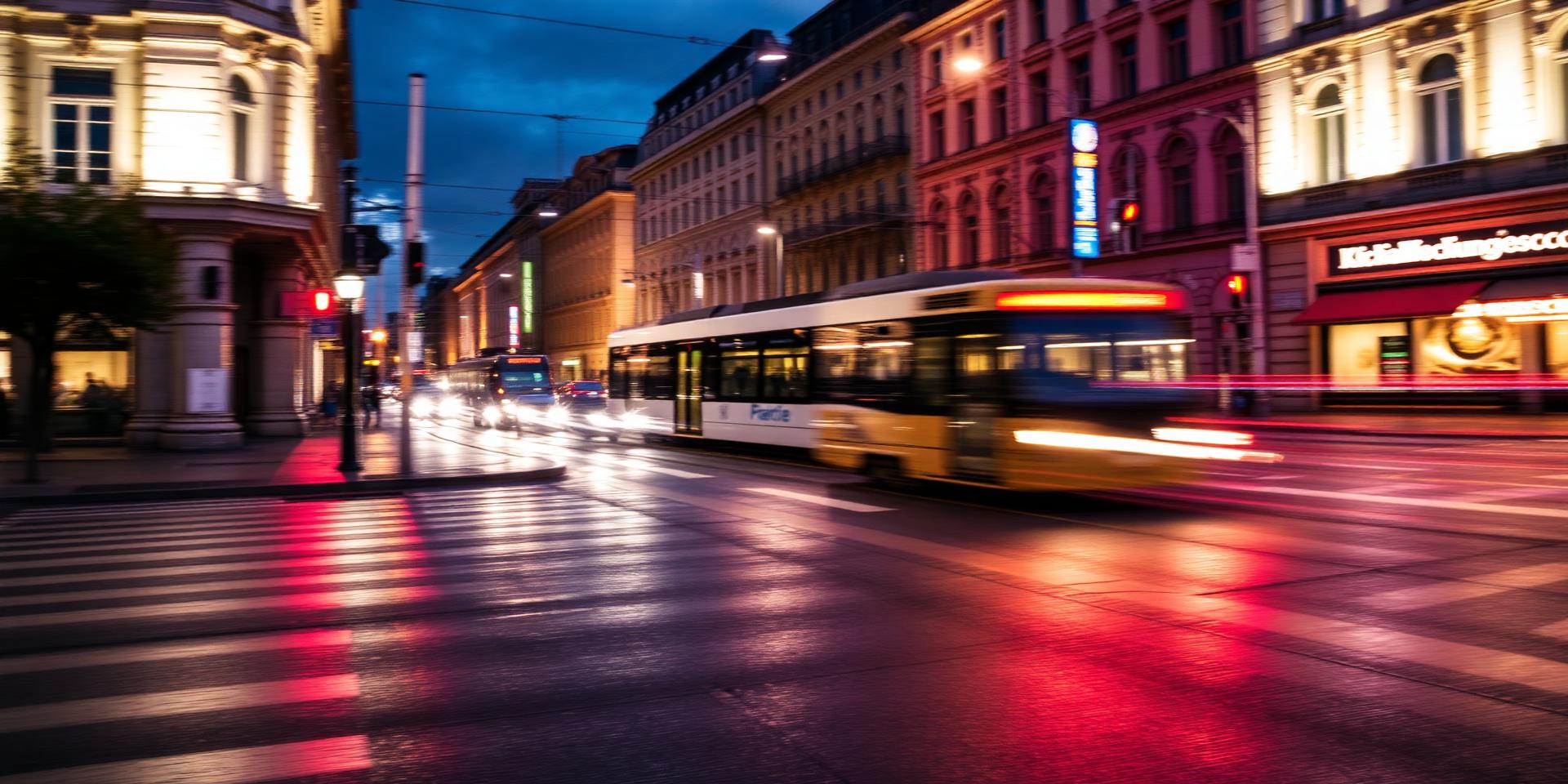Wieczorne miasto polskie w deszczu z przejeżdżającym tramwajem i neonowymi światłami